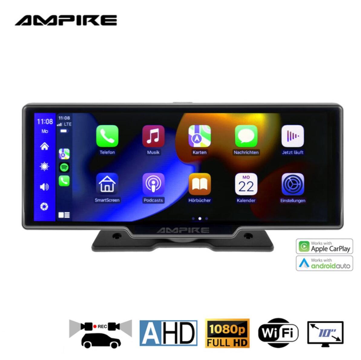 Ampire Apple Carplay/Android Auto - Frittstående 10" skjerm m/DVR - Bilfreak AS